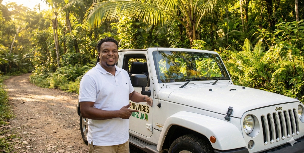 Adrian with Jeep - Jamaica Tour Guide